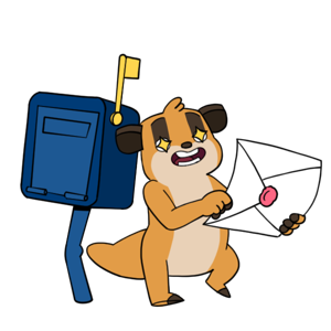 Illustrated Tiny Docs meerkat mascot holding a letter by a mailbox